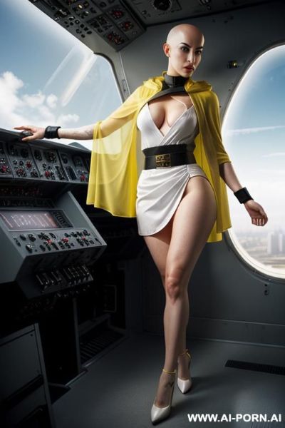 Hyperrealism painting: an atompunk sci-fi bald slender amy winehouse, with yellow transparent sheer hood, wearable sensors and wearable sci-fi systems. she weared sci-fi translation unit on arm.,body - ai-porn.ai on pornintellect.com