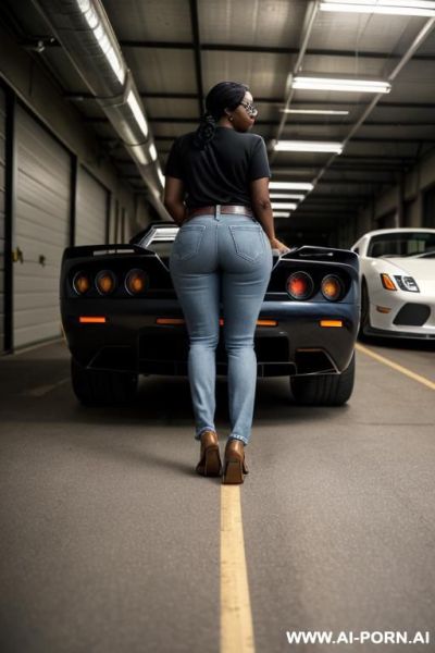 Ebony granny, pretty face, round ass, vintage straight blue jeans , leather belt, brown top, oxford shoes, glasses with frames, from behind, full body - ai-porn.ai on pornintellect.com