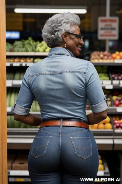 Ebony granny, pretty face, round ass, vintage straight blue jeans , leather belt, oxford shoes, glasses with frames, from behind, full body - ai-porn.ai on pornintellect.com