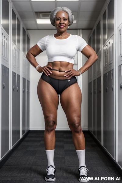 Ebony granny, pretty face, round ass, white top, transparent granny panties , sneakers, socks, wristbands - ai-porn.ai on pornintellect.com