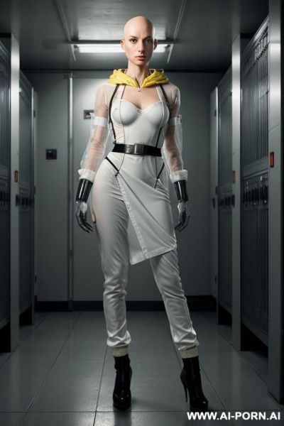 Hyperrealism painting: an atompunk sci-fi bald slender skiny amy winehouse, tits out, with yellow transparent sheer hood, wearable sensors and wearable sci-fi systems. she weared sci-fi translation - ai-porn.ai on pornintellect.com
