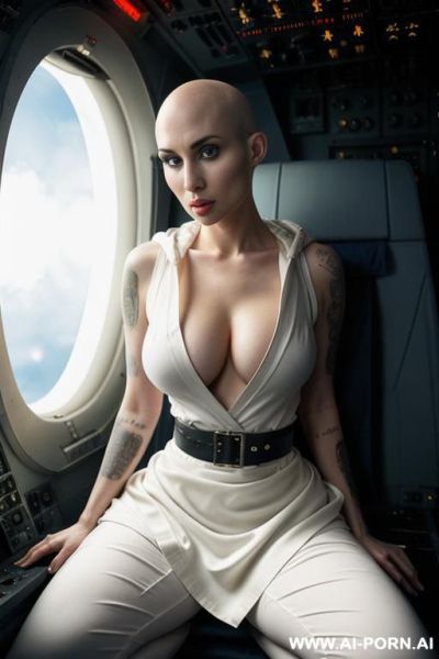 Hyperrealism painting: an atompunk sci-fi bald slender amy winehouse, tits out, with yellow transparent sheer hood, wearable sensors and wearable sci-fi systems. she weared sci-fi translation unit on arm. , normal plump boobs, atompunk. art. - ai-porn.ai on pornintellect.com