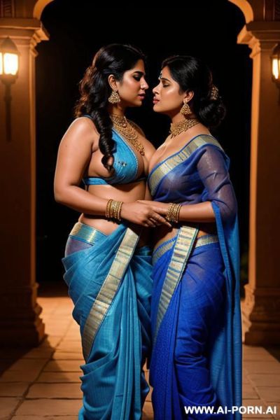 An ancient indian chubby queen in a blue sari kisses another full naked female servant with shaved vagina under the moon - ai-porn.ai - India on pornintellect.com
