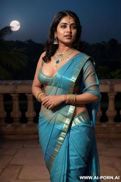 An ancient indian chubby queen in a blue sari kisses her full naked female servant with shaved vagina under the moon - ai-porn.ai - India on pornintellect.com