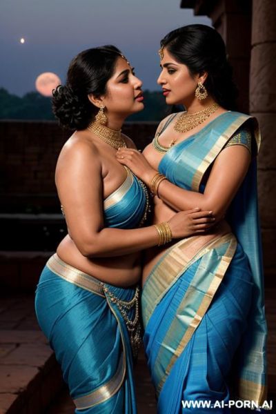 An ancient indian chubby queen in a blue sari kisses a full naked female servant with shaved vaginas under the moon - ai-porn.ai - India on pornintellect.com