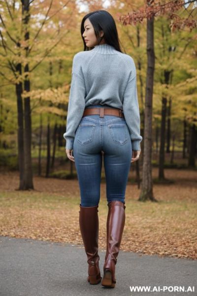 Asian, nice ass, vintage blue jeans, leather belt, sweater, riding flats long brown boots, full view - ai-porn.ai on pornintellect.com