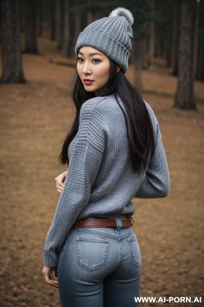 Asian, ripped vintage blue jeans, leather belt, grey color sweater, riding flats long brown boots, white beanie cap, full view - ai-porn.ai on pornintellect.com