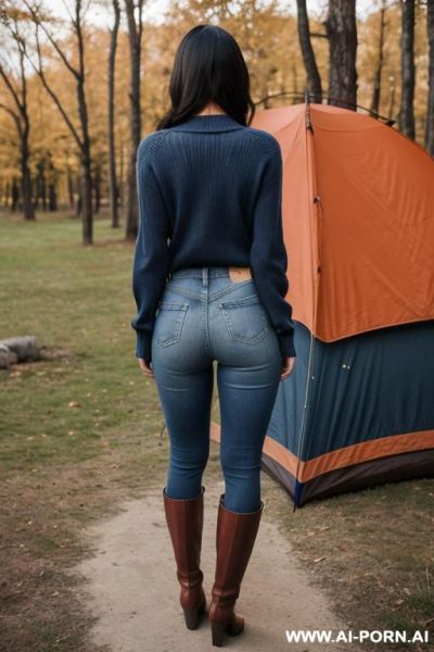 Asian, nice ass, vintage blue jeans, color sweater riding flats long brown boots, full view - ai-porn.ai on pornintellect.com