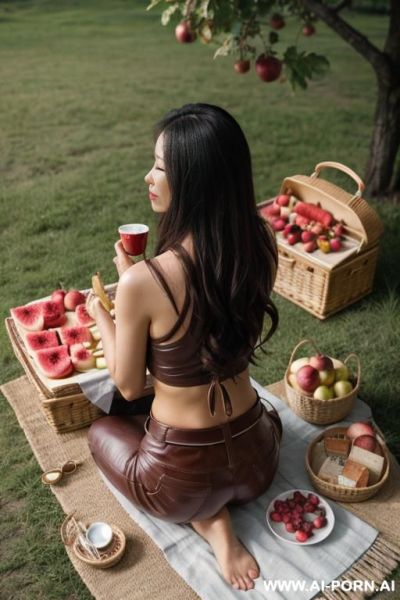 Asian, light-brown leather pants , belt, leather top, oxfrd shoes, full view - ai-porn.ai on pornintellect.com