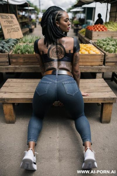 Ebony, bubble butt, straight blue jeans, leather belt, canvas high sneakers, tattoos, full shot - ai-porn.ai on pornintellect.com