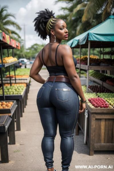 Ebony, thick ass, narrow hips, straight blue jeans, leather belt, football sneakers, full shot - ai-porn.ai on pornintellect.com