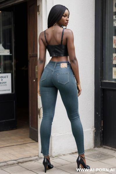 Ebony, round ass, vintage blue straight jeans, green top, leather belt, oxford flats shoes - ai-porn.ai on pornintellect.com