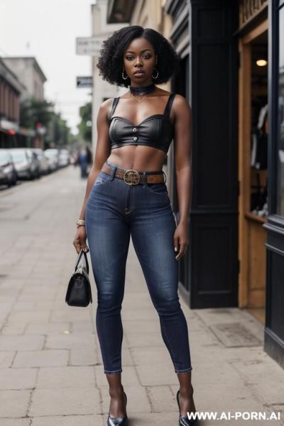 Ebony, round ass, vintage straight blue jeans, leather belt, leather leg garter, purple top, oxford shoes - ai-porn.ai on pornintellect.com