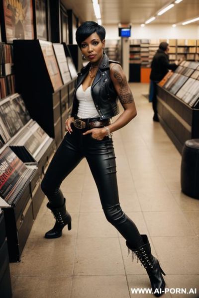 Ebony mature woman, orange leather pants, pear ass, leather belt, brown ridding flats long boots - ai-porn.ai on pornintellect.com