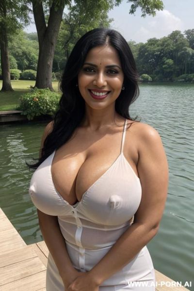 Bangladeshi rich horny housewife, huge tits, ((keep face)), ((keep body)), sunny summer day, outside large lake house on the lake, wearing white shirt, - ai-porn.ai on pornintellect.com