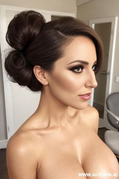 Realistic, beautiful face, nude, super busty, perfect massive full perfect breasts, gigantic tits, makeup, eye contact, chignon, grin - ai-porn.ai on pornintellect.com