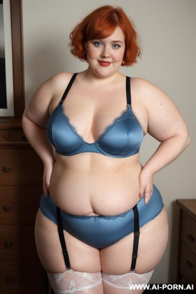 White woman, rotund body, huge, supermodel, pear shaped, lovehandless, very obese, tummy, short hair, huge legs, massive hips, high rise (garter belt stockings), eye contact, huge arms - ai-porn.ai on pornintellect.com