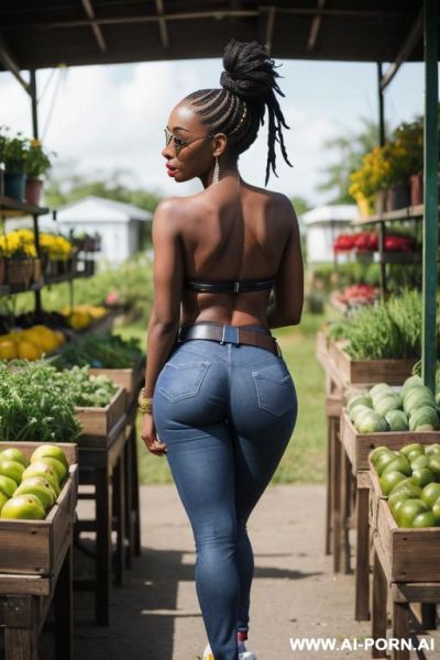 Ebony, bubble butt, straight blue jeans, leather belt, canvas high sneakers, full shot - ai-porn.ai on pornintellect.com
