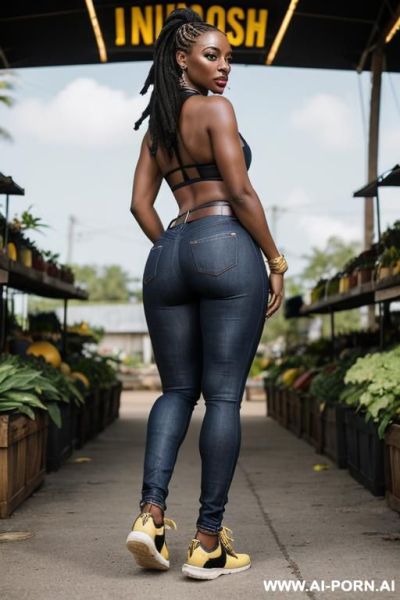 Ebony, thick ass, straight blue jeans, leather belt, golden football sneakers, full shot - ai-porn.ai on pornintellect.com