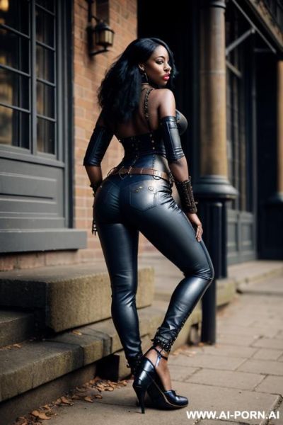 Ebony, vintage straigt blue jeans, leather belt, oxford shoes, from behind - ai-porn.ai on pornintellect.com