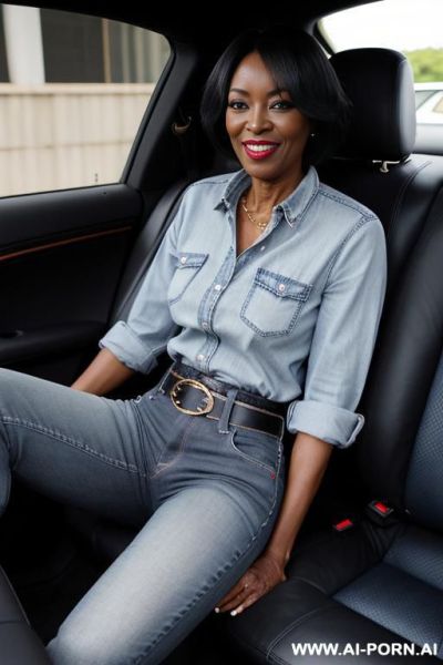 Ebony mature woman, straight blue jeans, belt, pear ass, oxford shoes - ai-porn.ai on pornintellect.com