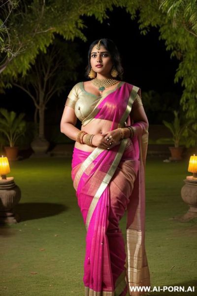 Ancient indian chubby queen in a traditional sari is touching a indian chubby full naked total undressed complete nude female with shaved vagina under the stars in a colourful indian garden - ai-porn.ai - India on pornintellect.com