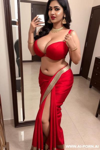 Sexy hot woman, fair skinned, hourglass body, big rounder boobs, deep cleavage blouse, open waist sari, stomach bulge, heels, sexy long legs, red lipstick, beautiful face, full body front facing - ai-porn.ai on pornintellect.com