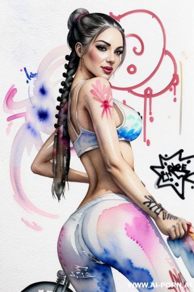 ((((at the street)))) ((((image comic-drawing watercolor style)))) down level shot boobs in closedup ((((seductive gaze)))) from behind pretty spanish woman full lips smile shocked face bending over - ai-porn.ai - Spain on pornintellect.com