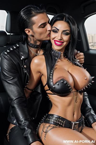 ((((arab rap milf hugging and kissing a very handsome twenty year old muscular punk man on the lips)))) (((((((gigantic tits))))))) and (((long hair))), (((((makeup))))) , (((tight spiked studded - ai-porn.ai on pornintellect.com