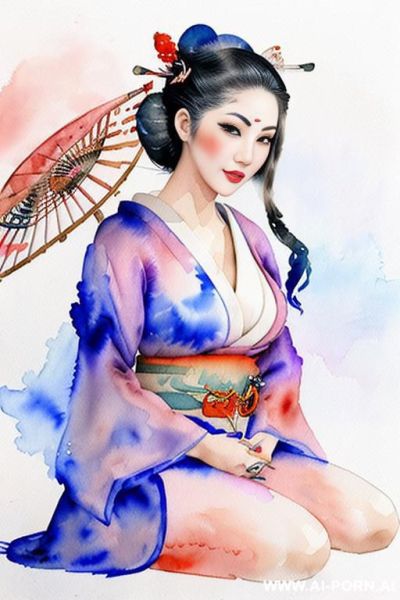 ((((at the almod field)))) ((((geisha)))) ((((image comic-drawing watercolor style)))) down level shot boobs in closedup ((((seductive gaze)))) pretty geisha woman full lips smile shocked face bending - ai-porn.ai on pornintellect.com