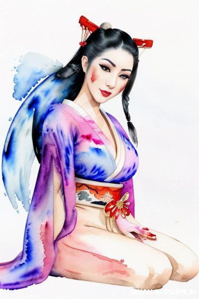 ((((geisha)))) ((((image comic-drawing watercolor style)))) down level shot ((((seductive gaze)))) pretty geisha woman full lips smile shocked face bending over sitting on , open kimono perfect huge - ai-porn.ai on pornintellect.com