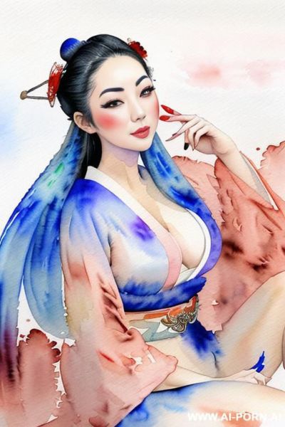 ((((in the almod field)))) ((((geisha)))) ((((image comic-drawing watercolor style)))) down level shot boobs in closedup ((((seductive gaze)))) pretty geisha woman full lips smile shocked face bending - ai-porn.ai on pornintellect.com