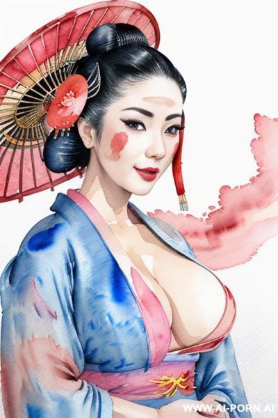 ((((showing tits)))) ((((geisha)))) ((((image comic-drawing watercolor style)))) down level shot boobs in closedup ((((open kimono)))) ((((seductive gaze)))) pretty geisha woman full lips smile shocked face - ai-porn.ai on pornintellect.com