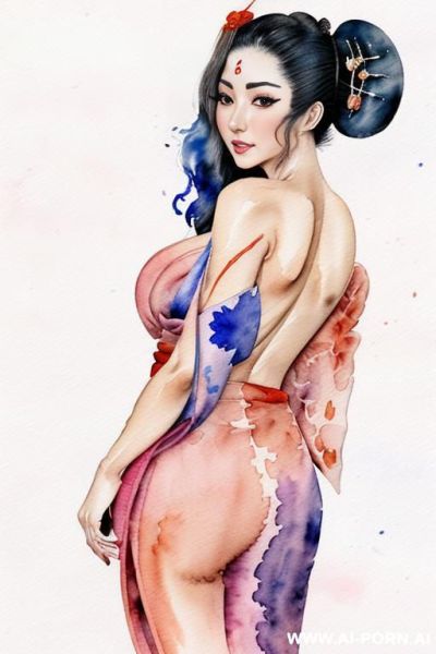 ((((image comic-drawing watercolor style)))) ((((seductive gaze)))) ((((geisha)))) smile shocked face bending over standing on , ((((kimono drapped over the shoulders)))) , ((((topless)))) , muscle fit , - ai-porn.ai on pornintellect.com