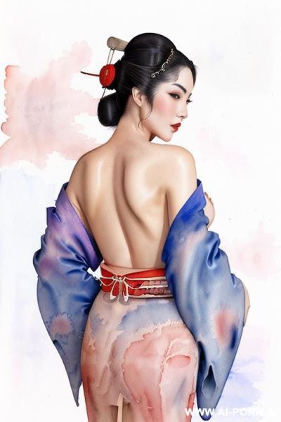 ((((image comic-drawing watercolor style)))) down level shot ((((seductive gaze)))) ((((geisha)))) smile shocked face bending over standing on , ((((kimono d over the shoulders)))) , ((((topless)))) , - ai-porn.ai on pornintellect.com