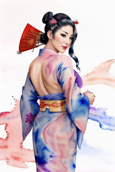 ((((open kimono)))) ((((image comic-drawing watercolor style)))) down level shot ((((seductive gaze)))) ((((geisha)))) smile shocked face bending over standing on , open kimono , ((((topless)))) , muscle - ai-porn.ai on pornintellect.com