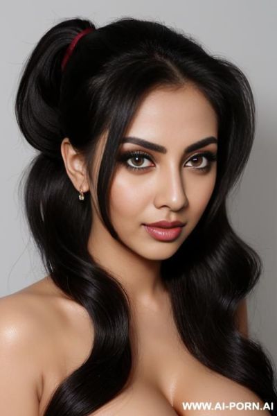 Totally naked wavy hairs in raised thick fluffy fashionable wide ponytail big eyes busty cleavage high resolution realistic skin big black eyes thick eyelashes makeup - ai-porn.ai on pornintellect.com