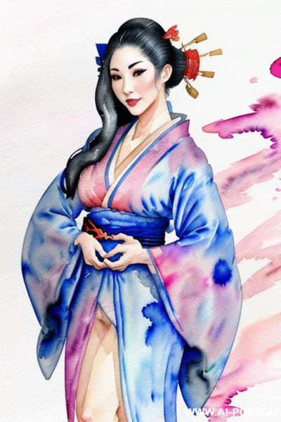((((open kimono)))) ((((image comic-drawing watercolor style)))) down level shot ((((seductive gaze)))) ((((geisha)))) smile shocked face bending over standing on , open kimono , topless , muscle fit , - ai-porn.ai on pornintellect.com