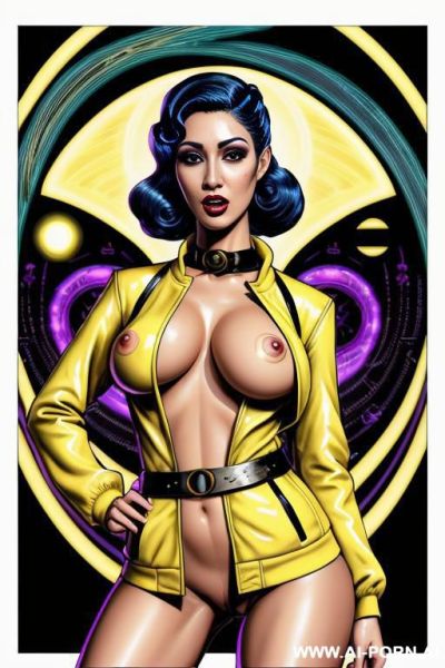 Image comic-drawing vintage style, sci-fi, atompunk, slender body in the sci-fi city, sci-fi yellow jacket, sci-fi cap, in white background, image comic-drawing vintage style - ai-porn.ai on pornintellect.com