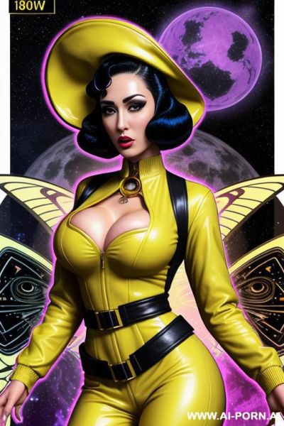 Image comic-drawing vintage style, sci-fi, atompunk, slender body in the sci-fi city, sci-fi yellow jacket, rertofuturistic arab dress, sci-fi cap, in white background, image comic-drawing vintage style - ai-porn.ai on pornintellect.com
