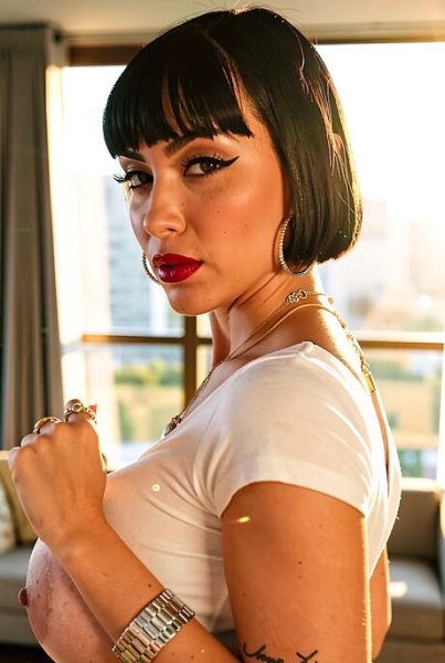 Beautiful woman with red lips frees her large boobs from a white crop top - pornpics.com on pornintellect.com