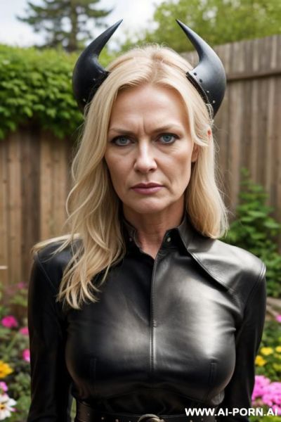 Milf, matte black leather pants, belt, oxford shoes, viking helmet, face close up, ((garden backyard)), ((without makeup)), large nipples - ai-porn.ai on pornintellect.com
