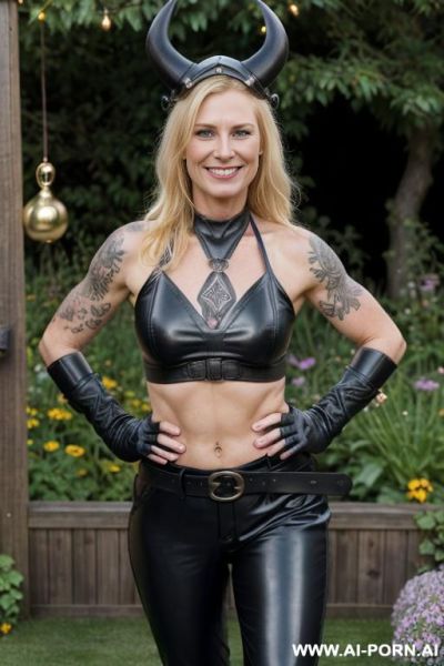 Milf, matte black leather pants, belt, oxford shoes, viking helmet, face close up, ((garden backyard)), ((without makeup)), boxing pose, viking ornament tatooed - ai-porn.ai on pornintellect.com