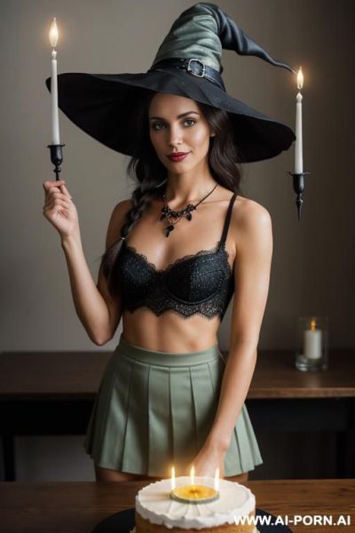The image shows a woman seated at a wooden table, with a birthday cake in front of her. the woman has dark brown hair, pulled back partially in two braids from her temples, with the - ai-porn.ai on pornintellect.com