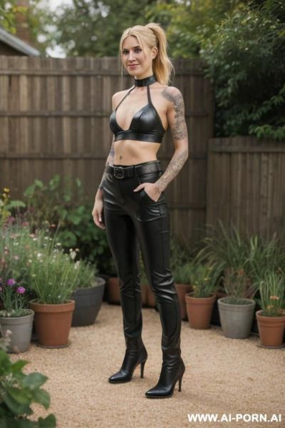 Milf, angry smile, matte black leather pants, belt, oxford shoes, ((view form the ground)), ((extra low angle)), ((full body view)), ((garden backyard)), viking ornament tattooed - ai-porn.ai on pornintellect.com