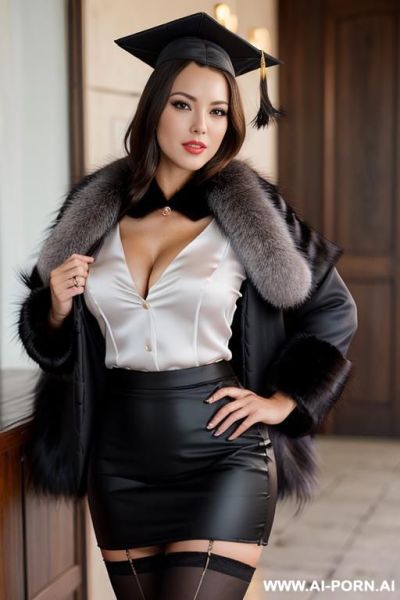 Beautiful pornstar, black pencil skirt, white blouse, black silk stockings, waiting at an elegant restaurant - ai-porn.ai on pornintellect.com