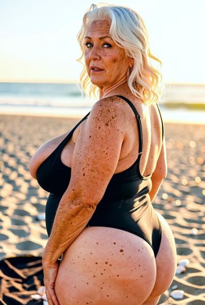 Chubby blonde granny gets doused in cum on a beach during dual penetration - pornpics.com on pornintellect.com