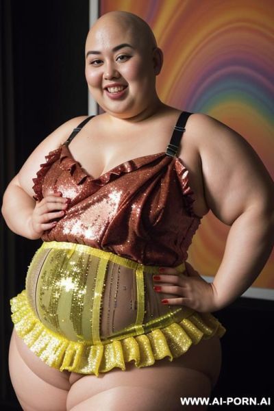 Half body photo shot close up. a ((asian obese fat bbw bald woman)), ((thick with love handless)). she is bald. ((wearing a yellow sexy and sci-fi garter belt lingerie, and a dark-red ruffle - ai-porn.ai on pornintellect.com
