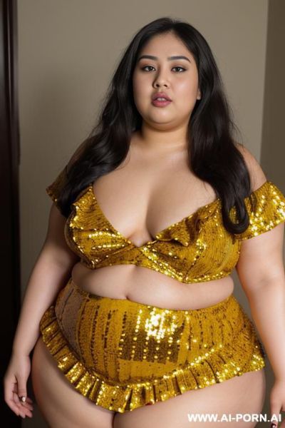 Half body photo shot close up. a ((asian obese fat bbw bald woman)), ((thick with love handless)). ((wearing a yellow sexy and sci-fi garter belt lingerie, and a dark-red ruffle sequins silk micro-skirt)). she is bald, she is jumping - ai-porn.ai on pornintellect.com