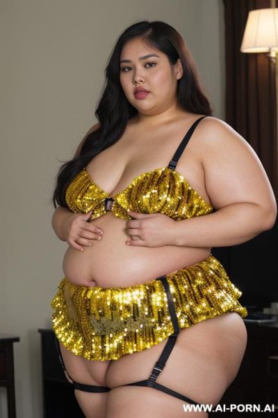 Half body photo shot close up. a ((asian obese fat bbw bald woman)), ((thick with love handless)). ((wearing a yellow sexy and sci-fi garter belt lingerie, and a dark-red ruffle sequins silk micro-skirt)). she is jumping - ai-porn.ai on pornintellect.com